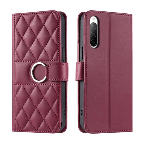 Funda de Cuero para Sony Xperia 10 IV con Forma de Rombo y Hebilla de Anillo (Roja)