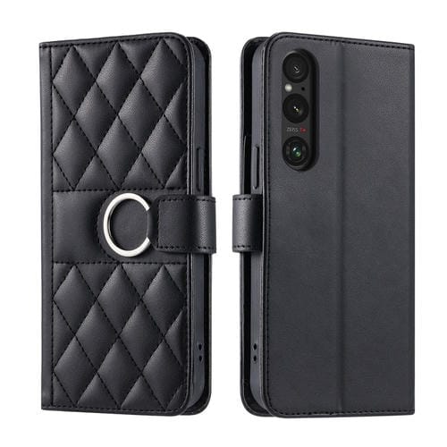 Funda de Cuero para Sony Xperia 1 V con Hebilla de Anillo en Rombo (Negra)