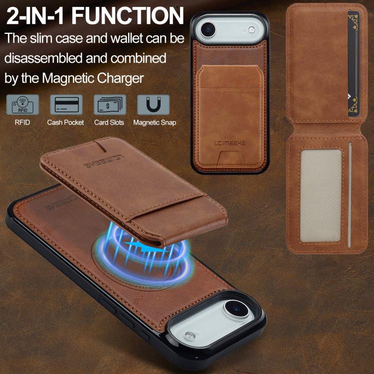 Funda para iPhone 17 Air LC.IMEEKE L3 Series con tarjetero RFID desmontable y Magsafe (marrón)