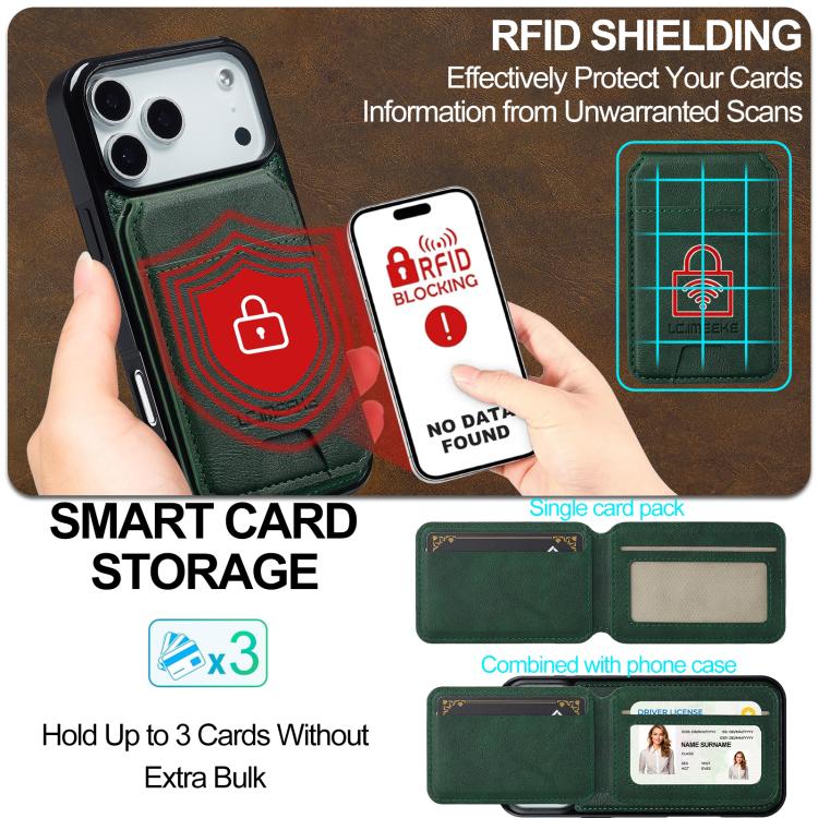Funda para iPhone 17 Pro LC.IMEEKE L3 Series con tarjetero RFID desmontable y Magsafe (verde)