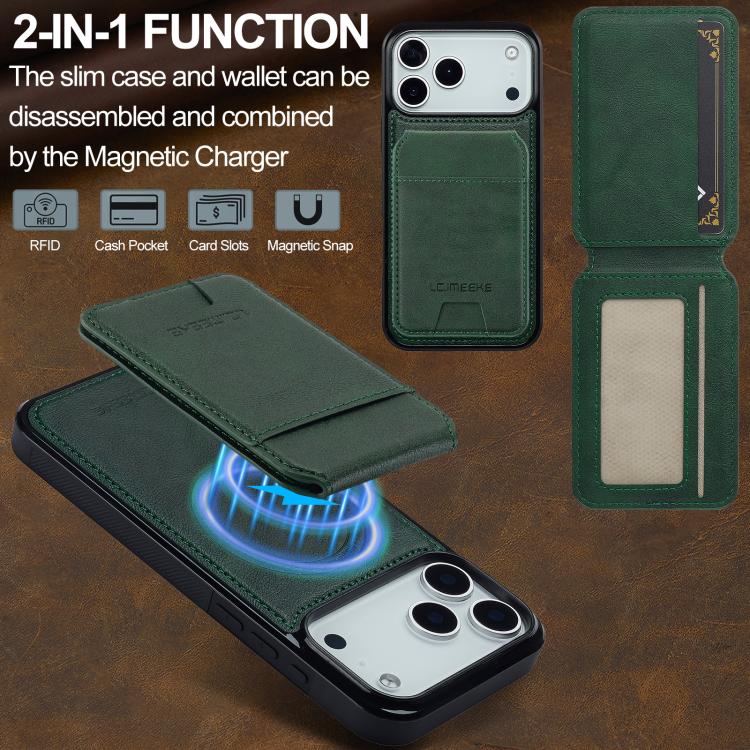 Funda para iPhone 17 Pro LC.IMEEKE L3 Series con tarjetero RFID desmontable y Magsafe (verde)