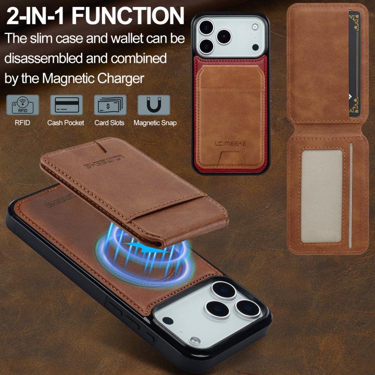 Funda para iPhone 17 Pro Max LC.IMEEKE L3 Series con tarjetero RFID desmontable y Magsafe (marrón)