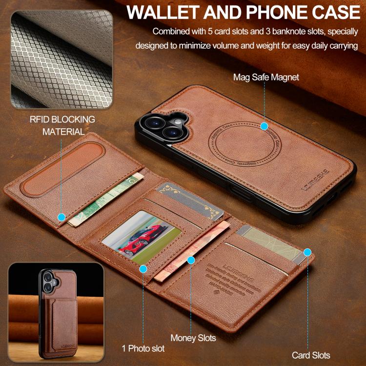 Funda para iPhone 17 LC.IMEEKE L5 con tarjetero RFID desmontable y Magsafe (marrón)
