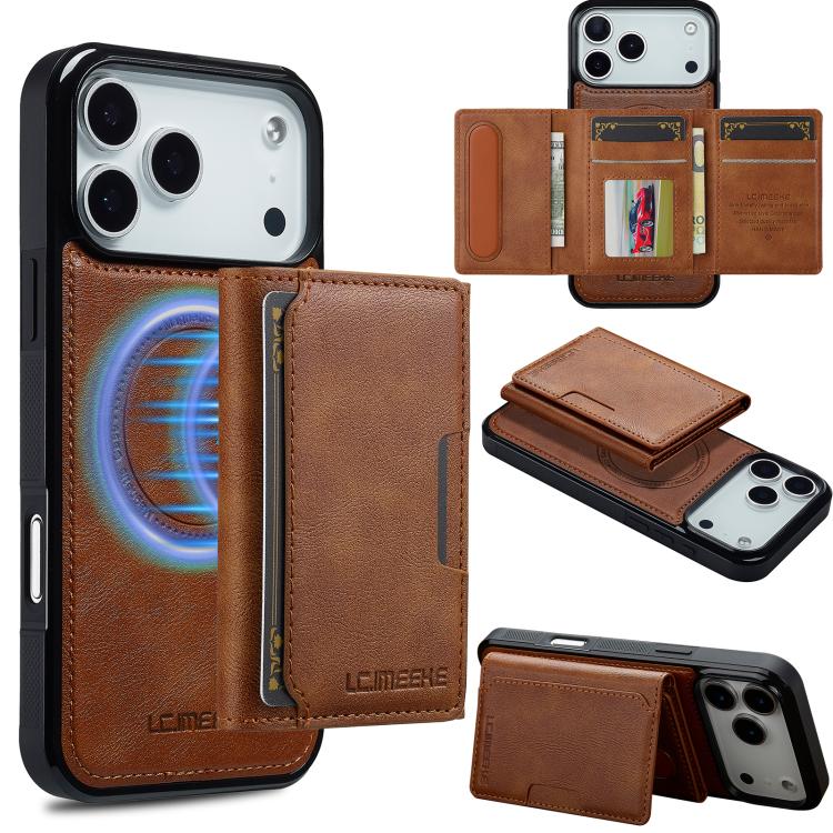Funda para iPhone 17 Pro Max LC.IMEEKE L5 Series con tarjetero RFID desmontable y Magsafe (marrón)