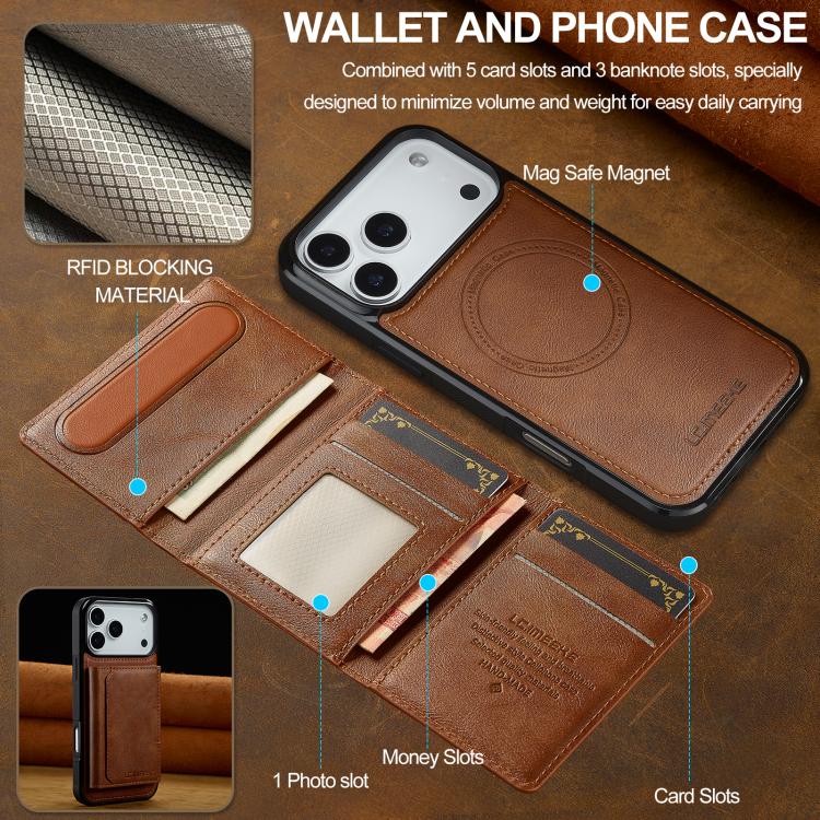 Funda para iPhone 17 Pro Max LC.IMEEKE L5 Series con tarjetero RFID desmontable y Magsafe (marrón)