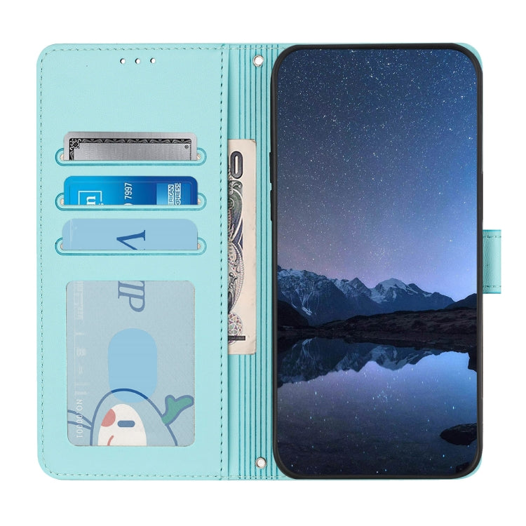 Funda de Cuero Rfid para Doogee N55 Plus con Estampado de Rata y Gato y Cordón (Verde Menta)
