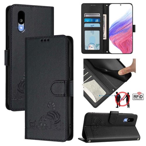 Funda de Cuero Rfid para Sharp Basio Active 3 con Patrón En Relieve de Gato y Rata y Cordón (Negro)