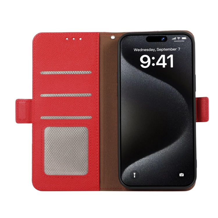 Funda de Cuero con Patrón de Lichi y Cierre Magnético Lateral para OnePlus 13 Abeel (Rojo)