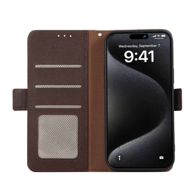 Funda de Cuero con Patrón de Lichi y Cierre Magnético Lateral para OnePlus 13 Abeel (Marrón)