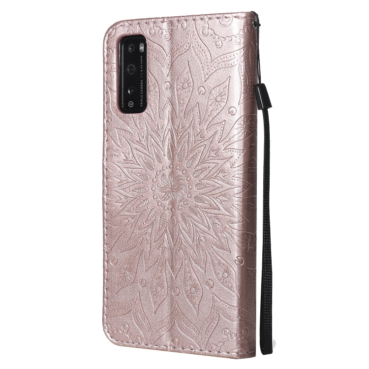 Para Huawei Enjoy Z Impresión prensada Patrón de girasol Tapa horizontal Funda de cuero PU Soporte y ranuras para tarjetas y billetera y cordón (oro rosa)