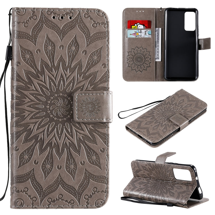 Para Huawei Honor X10 Impresión prensada Patrón de girasol Flip horizontal Funda de cuero PU Soporte y ranuras para tarjetas y billetera y cordón