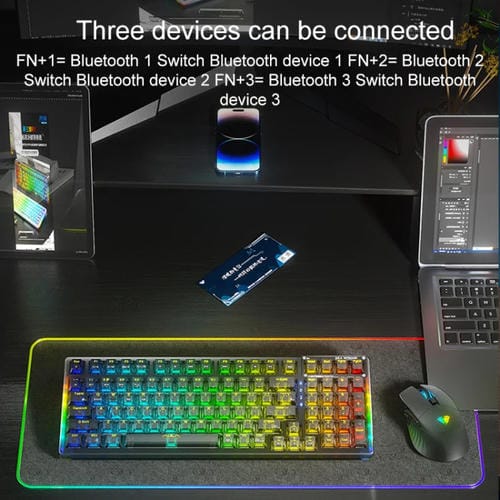 Teclado Mecánico Aula F98 Pro 99 Teclas con Cable, 2,4 G y Bluetooth, RGB, Eje de Cristal de Hielo (Rosa Transparente)