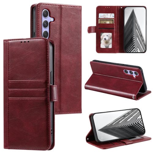 Funda de cuero tipo billetera para Samsung Galaxy A17 5G, sencilla, con capacidad para 6 tarjetas (rojo vino)