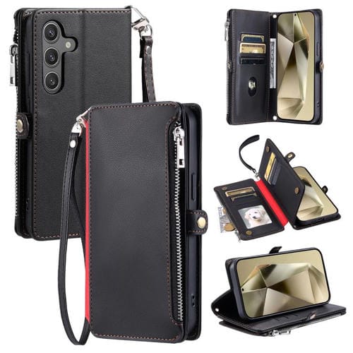 Funda de cuero con cremallera y ranura para múltiples tarjetas para Samsung Galaxy A17 5G (negra)