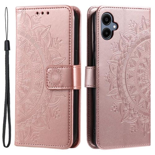 Funda de piel con relieve de flor tótem y cordón para Samsung Galaxy A07 4G (oro rosa)