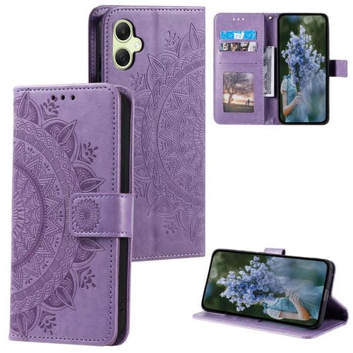 Funda de piel con relieve de flor tótem y cordón para Samsung Galaxy A07 4G (morado)