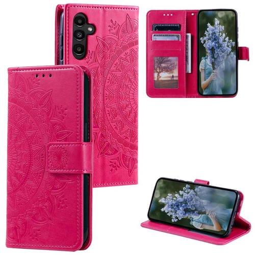 Funda de piel con estampado de flores tótem y cordón para Samsung Galaxy A17 5G (roja)