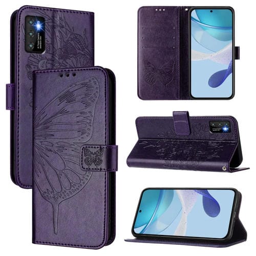 Funda de Cuero Cubot P50 Diseño Mariposa En Relieve (Morado Oscuro)