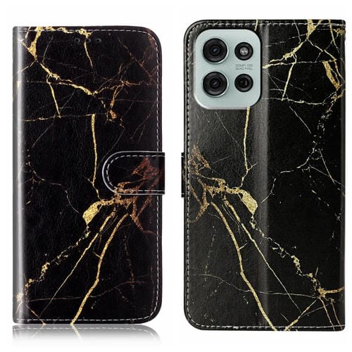 Funda de Cuero para Motorola Moto G75 con Patrón Mármol y Dibujo de Colores (Negro y Dorado)