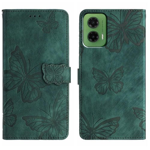 Funda de Piel con Relieve de Mariposa para Motorola Moto G35 (Verde)