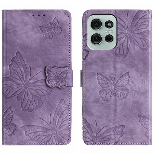 Funda de Piel con Relieve de Mariposa para Motorola Moto G75 (Morado)