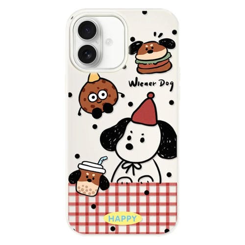 Funda híbrida TPU Policarbonato para iPhone 16 con diseño Perro Salchicha Hamburguesa (Beige)