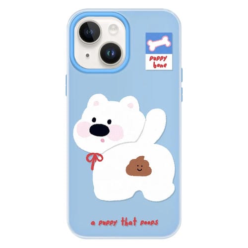 Funda híbrida TPU y Policarbonato iPhone 13 Cachorro Haciendo Caca (Azul)