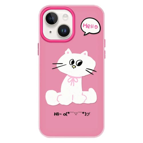 Funda híbrida TPU y PC para iPhone 15 Plus con diseño lazo gato (Rosa y Rojo)
