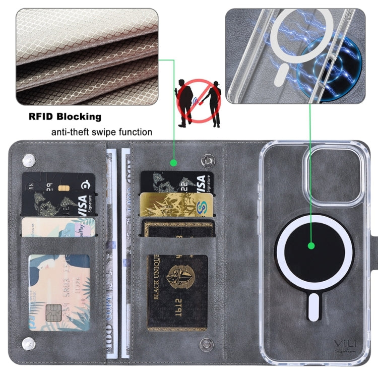 Funda de Cuero con Tapa Magnética Rfid Magsafe para iPhone 14 Pro Max Vili Gvs-C Series (Gris)