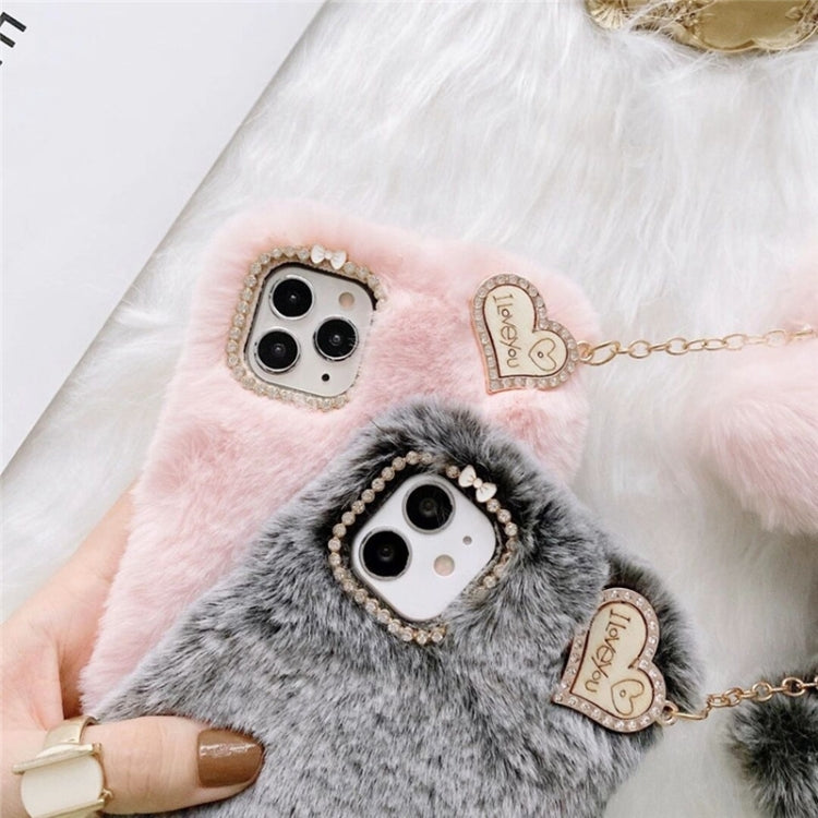 Funda de Silicona con Colgante y Flores de Diamantes Dorados para iPhone 15 Plus (Gris)