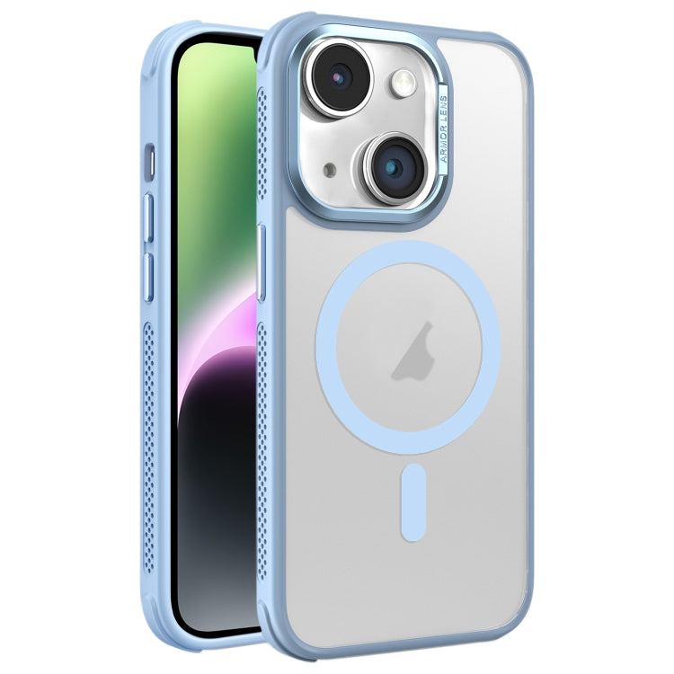 Estuche para Teléfono Magsafe con Marco de Lente de Metal Esmerilado y Sensación de Piel con Enfriamiento Lateral de Hardware para iPhone 14 (Azul Cielo)