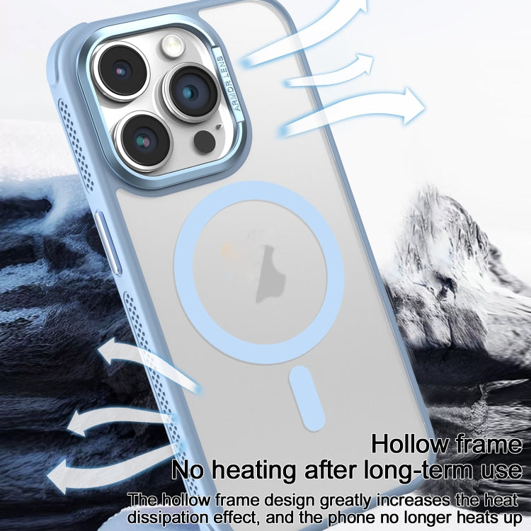 Estuche para Teléfono Magsafe con Marco de Lente de Metal Esmerilado y Sensación de Piel con Enfriamiento Lateral de Hardware para iPhone 16 Plus (Azul Cielo)