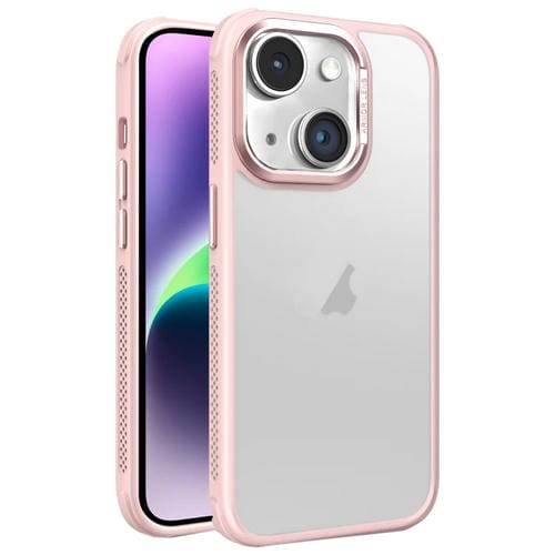 Estuche para teléfono iPhone 14 Plus marco Lente metal esmerilado piel enfriamiento lateral (Rosa)