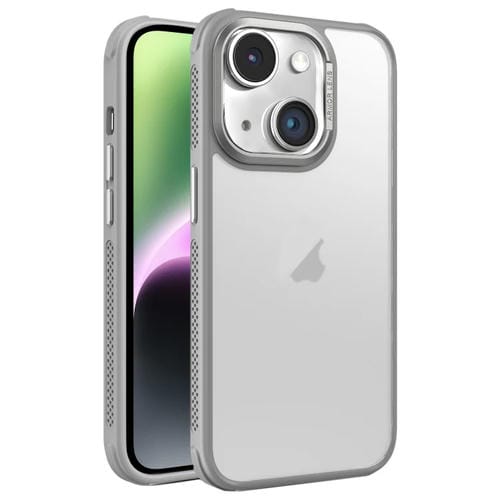 Estuche para Teléfono iPhone 14 Marco Lente Metal Esmerilado Sensación Piel Enfriamiento Lateral (Gris)