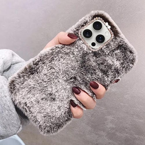 Funda de Teléfono Felpa con Anillo de Lente de Diamante para iPhone 13 Pro Max (Marrón)