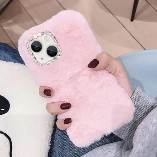 Funda de Felpa Color Sólido Anillo Lente Diamante iPhone 13 (Rosa)
