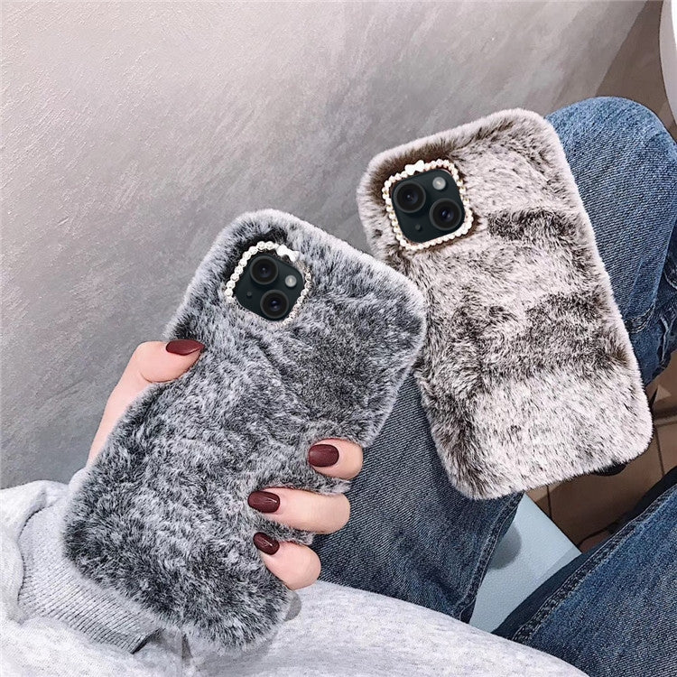 Funda de Felpa Color Sólido con Anillo Lente Diamante para iPhone 15 Pro (Rosa)