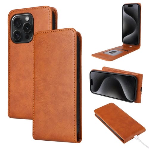 Funda de Cuero con Tapa Vertical Magnética para iPhone 15 Pro (Marrón)