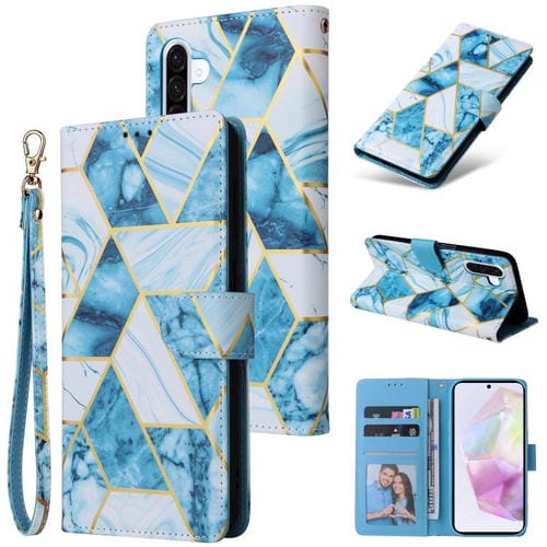 Funda de cuero con costuras en bronce y mármol para Samsung Galaxy A17 5G (azul)