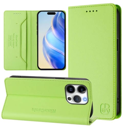 Funda de Cuero Rc01 para iPhone 16 Pro con Doble Pliegue y Succión Magnética (Verde Hierba)
