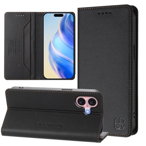 Funda de Cuero Rc01 para iPhone 16 Plus con Doble Pliegue y Succión Magnética (Negra)
