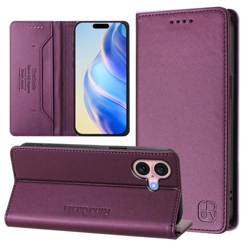 Funda de Cuero iPhone 16 Plus Rc01 Doble Pliegue Succión Magnética (Violeta)
