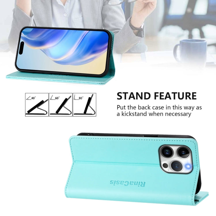 Funda de Cuero Rc01 para iPhone 15 Pro Max con Doble Pliegue y Succión Magnética (Verde Menta)