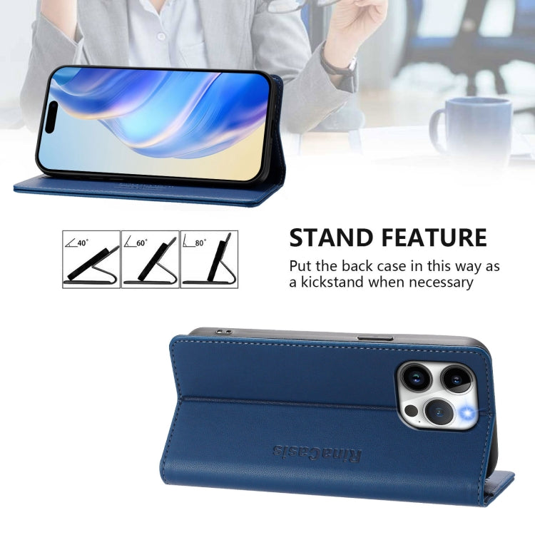 Funda de Cuero para iPhone 15 Pro Rc01 con Doble Pliegue y Succión Magnética (Azul Oscuro)