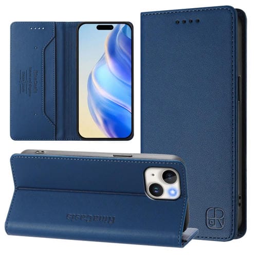 Funda de Cuero para iPhone 14/13 Rc01 Doble Pliegue y Succión Magnética (Azul Oscuro)