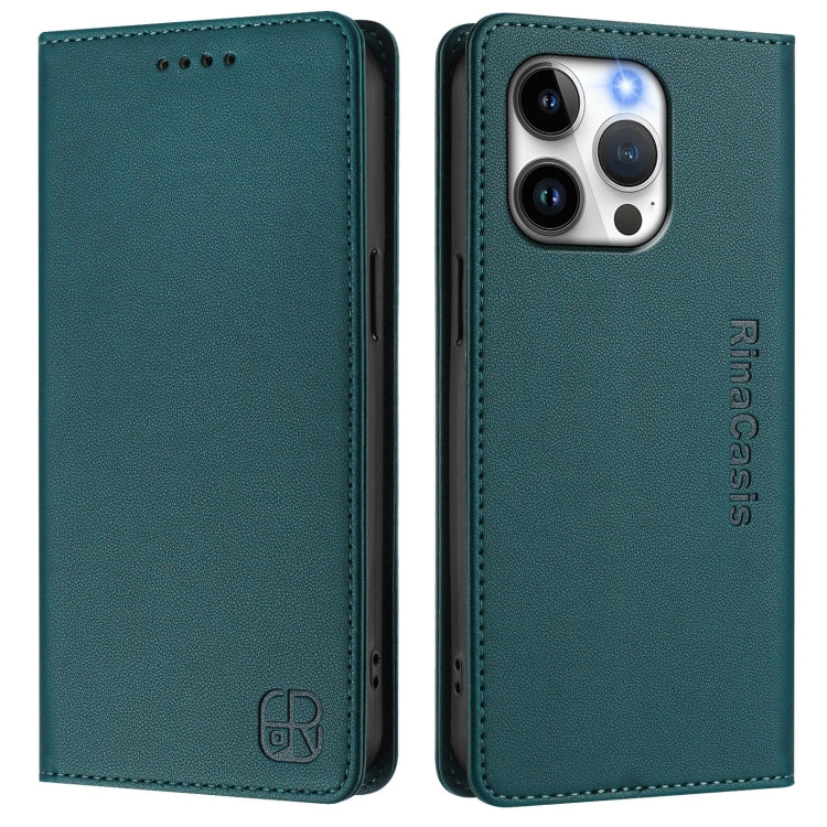 Funda de Cuero Rc01 para iPhone 14 Pro con Doble Pliegue y Succión Magnética (Verde Oscuro)