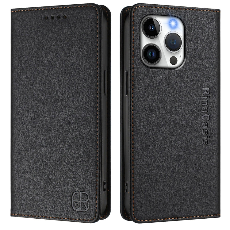 Funda de Cuero Rc01 para iPhone 14 Pro Max con Doble Pliegue y Succión Magnética (Negra)