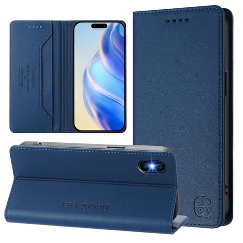 Funda de Cuero Rc01 para iPhone X/Xs con Doble Pliegue y Succión Magnética (Azul Oscuro)