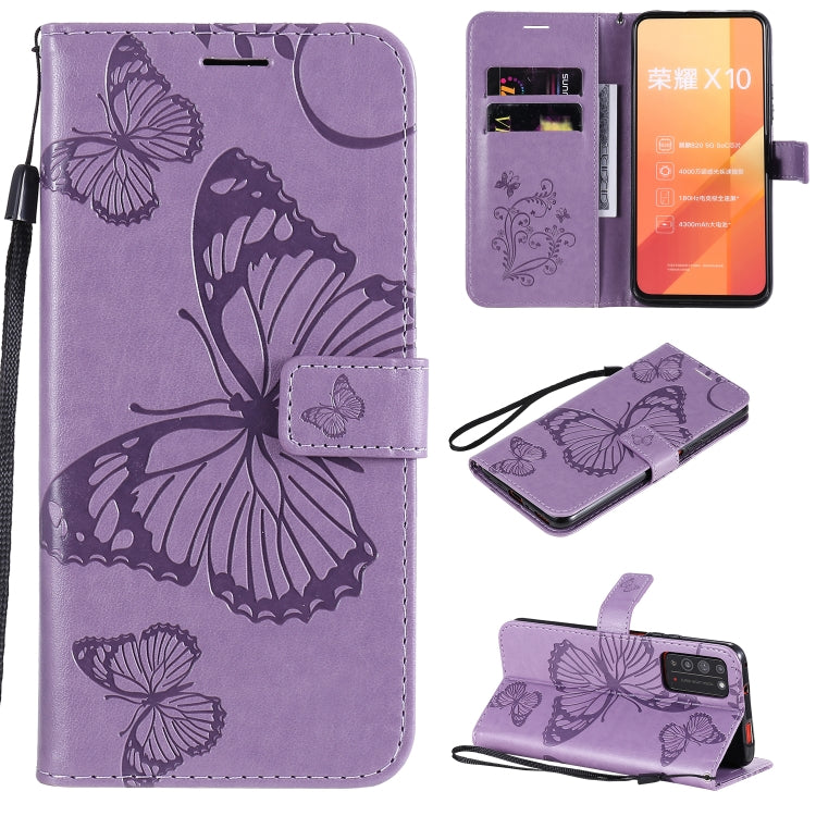Para Huawei Honor X10 Patrón de estampado de mariposas en 3D Funda de cuero con tapa horizontal con soporte, ranura para tarjeta, billetera y cordón (púrpura)