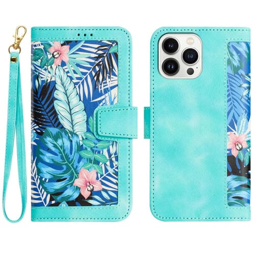 Funda de Cuero para iPhone 16 Pro Max Estampado Floral con Cordón (Verde)